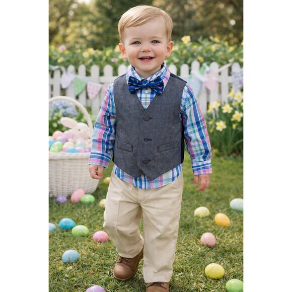 IZOD Boys 2T Easter Preppy Ring Bearer 4pc Suit Gray Vest Plaid Khaki Bow Tie - Picture 3 of 7